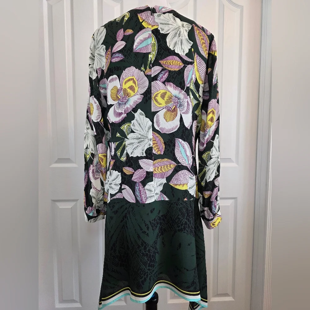 REISS Floral Midi Dress US 12 UK 16 Green Viscose Keyhole Neck Long Sleeve- EUC - Picture 8 of 16